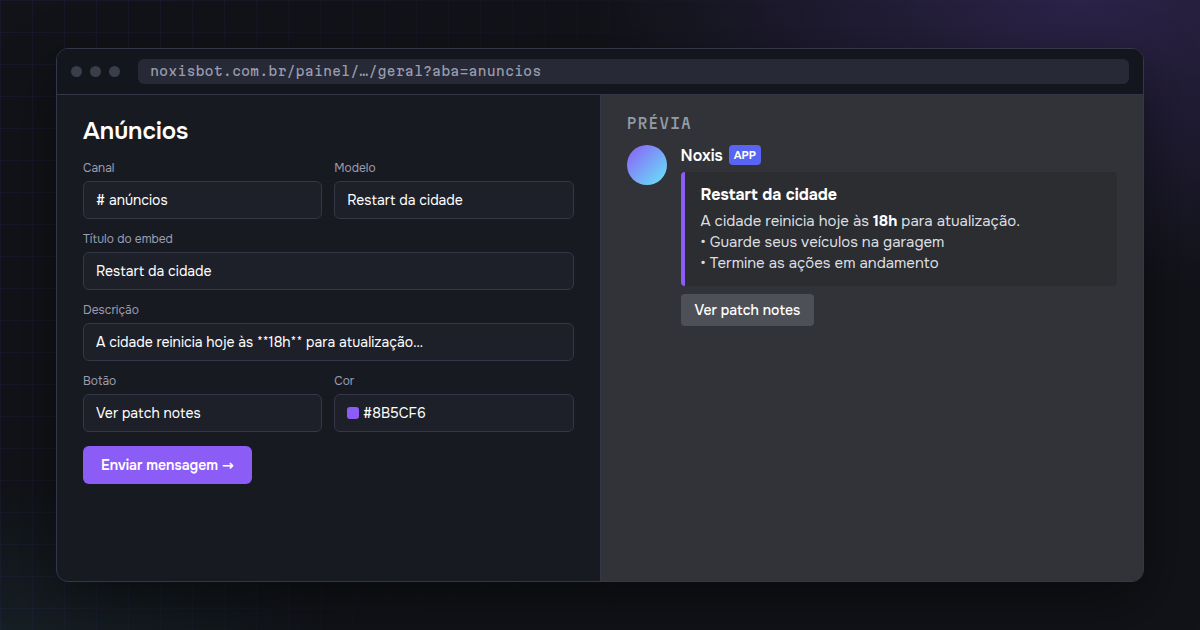 Editor de mensagens do painel
